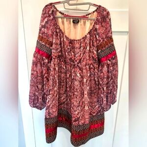 bebe Boho Peasant Mini Dress Pink Burgundy Print Size M